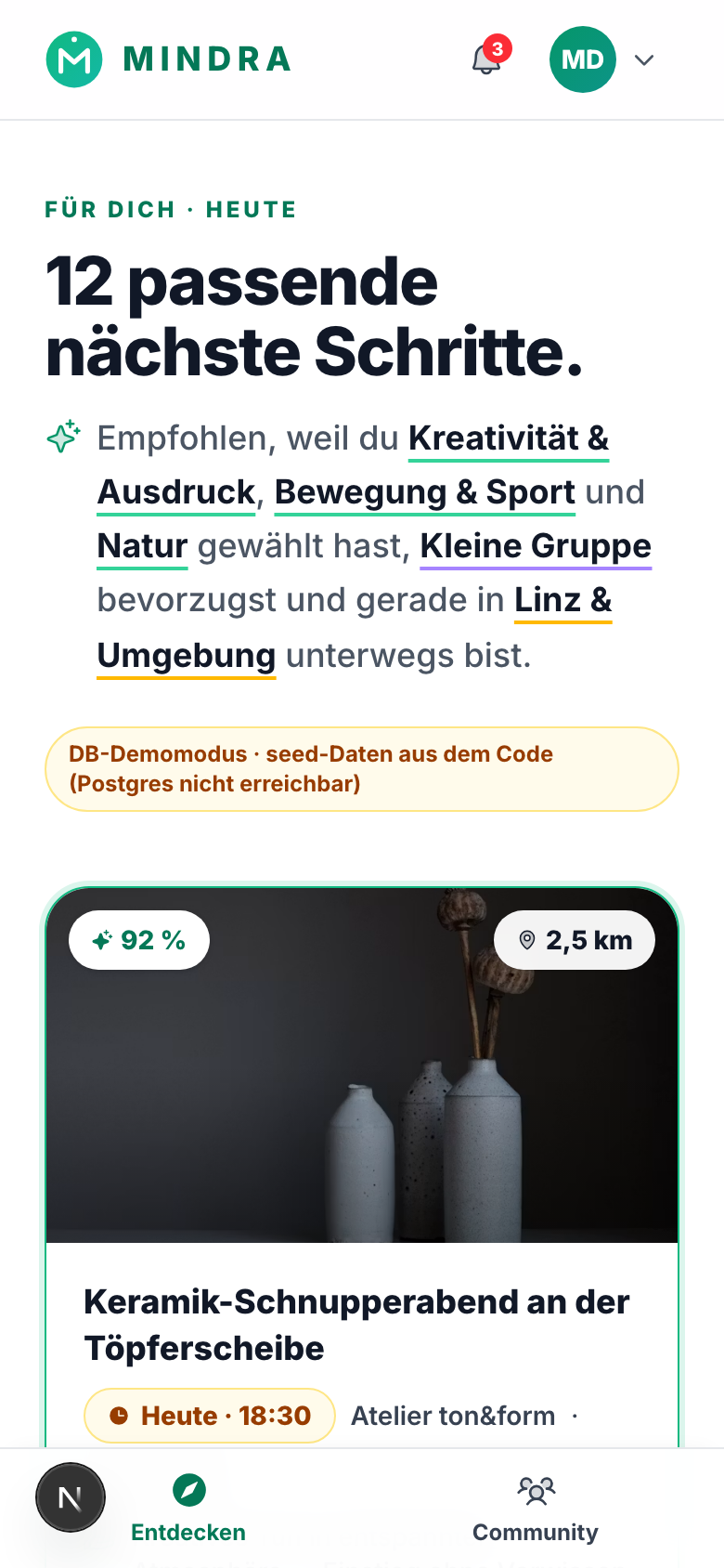 Mindra – passende Vorschläge mit „Warum für dich?“